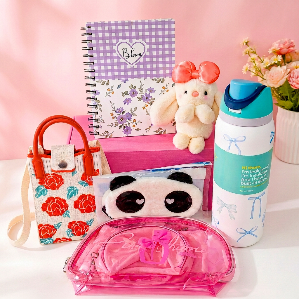 CocoPoco Rakhi box with bottle, diary, pouch, eye mask, plushie and gift bag