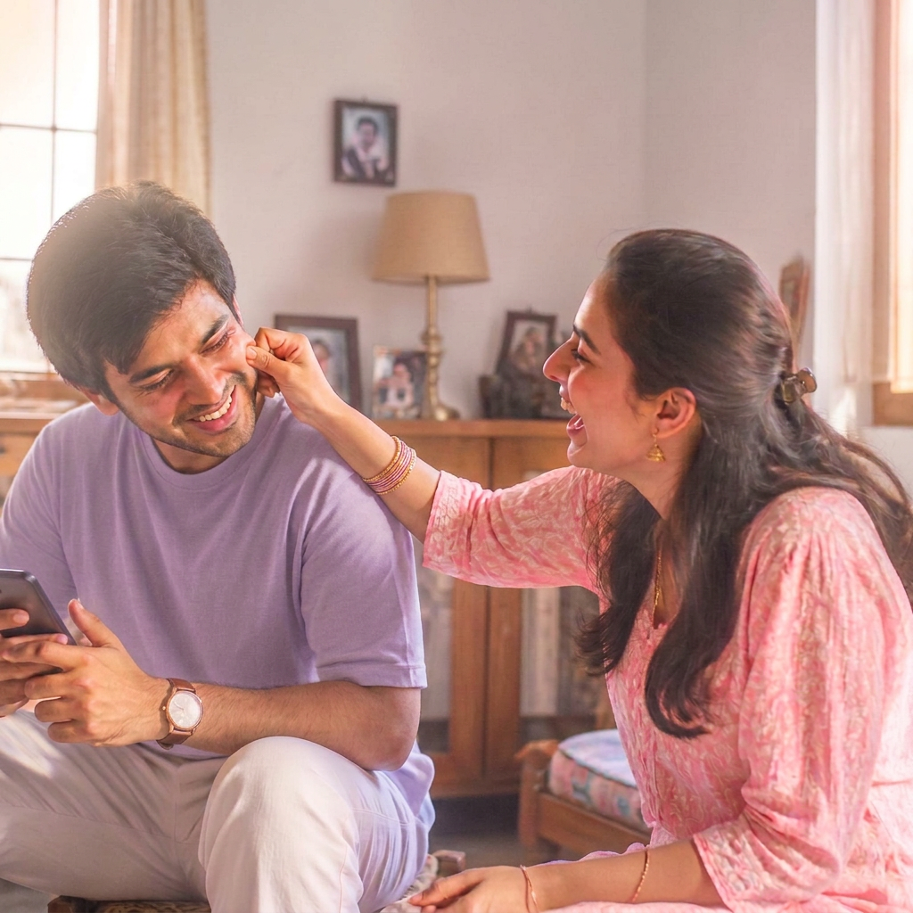 Brother and sister laughing together at home